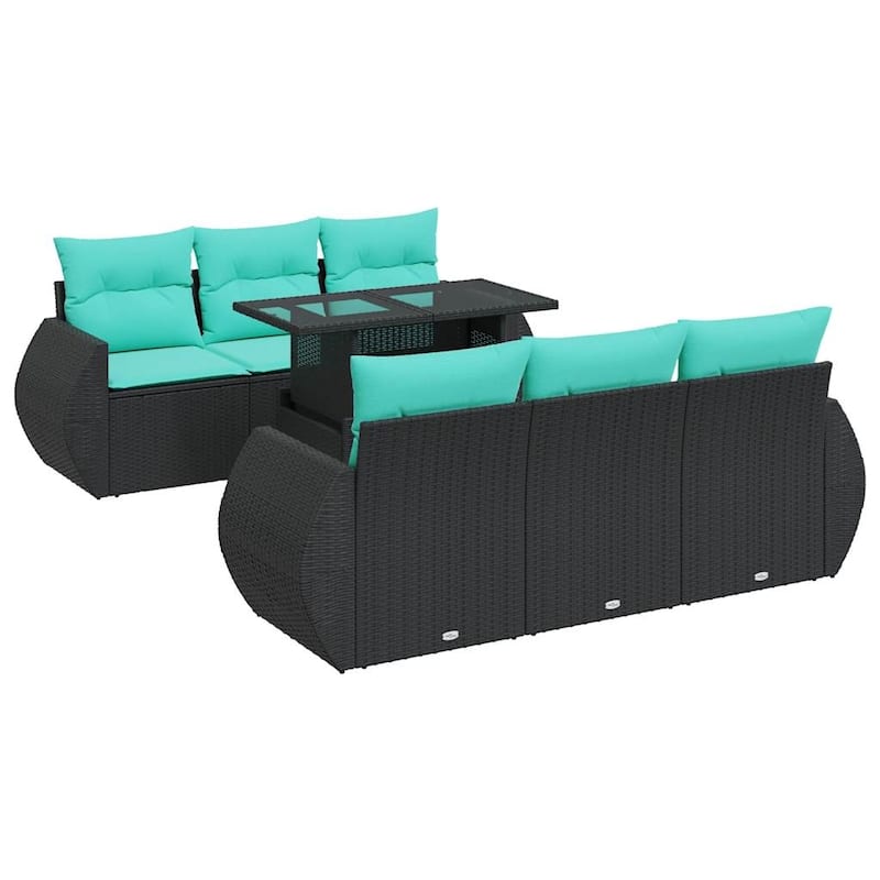 vidaXL 7 Piece Patio Sofa Set with Cushions Black Poly Rattan Acacia - 21.7 x 24.4 x 27.2