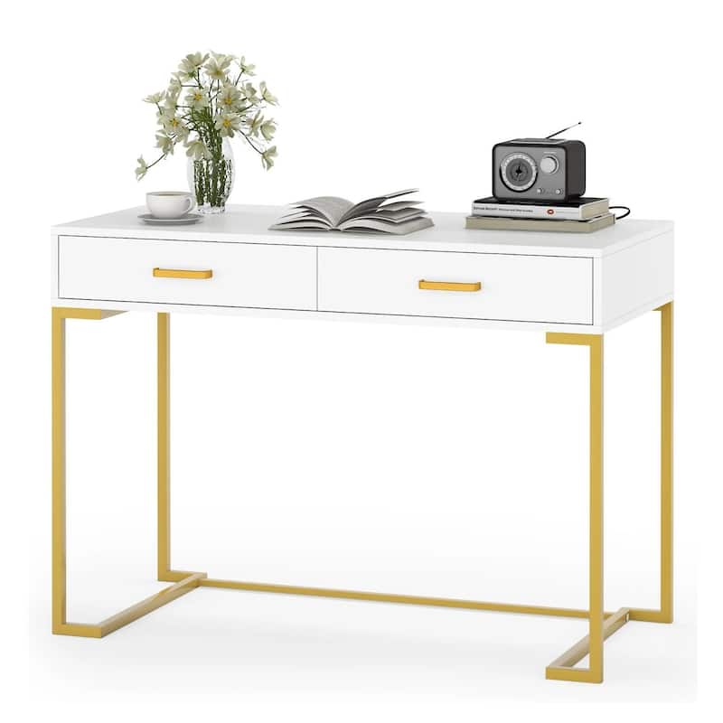 40"White and Gold Computer Desk with 2 Drawers, Modern Home Office Desk, Compact Writing Table, Vanity Desk for Bedroom