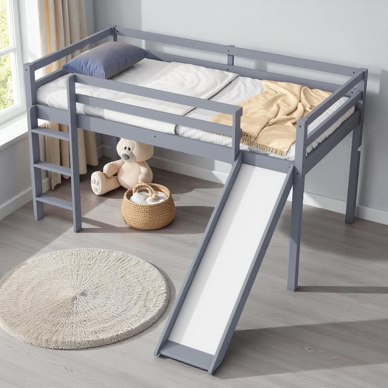 Twin Low Loft Bed with Slide and Ladder, Solid Rubber Wood Loft Bed with Guardrails and Underbed Play or Storage Space