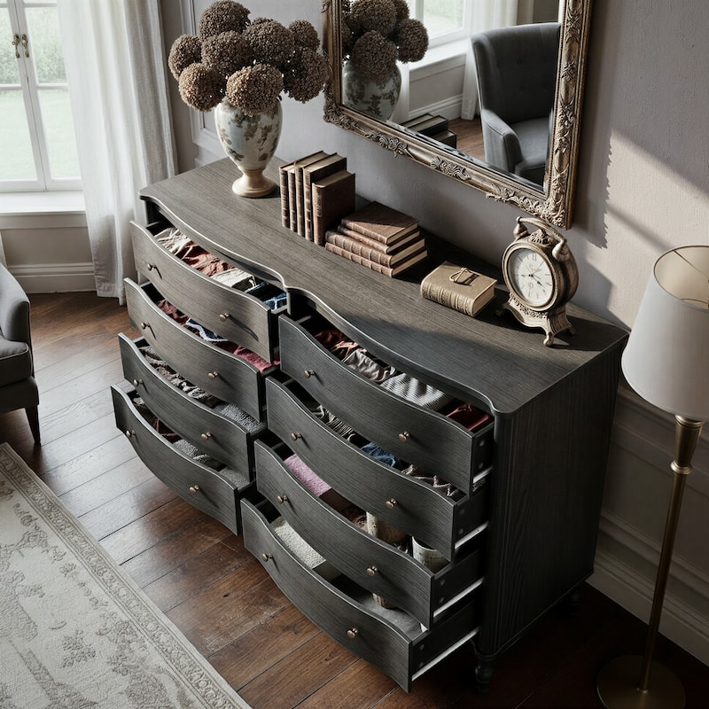 Elegant 8-Drawer Dresser with Solid Wood Legs, Vintage Curved Front Chest of Drawers for Bedroom Storage