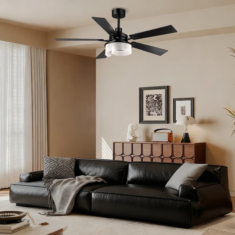 52" Modern Matte Black Reversible 5 Blades Dimmable LED Ceiling Fan with Light and Remote