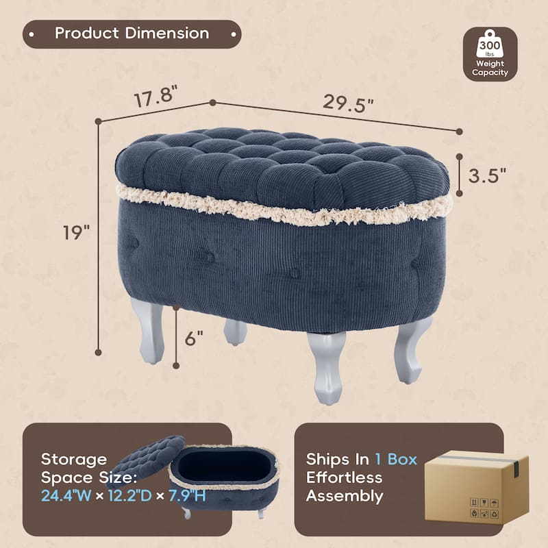 Roomfitters Upholstered Storage Bench with Button Tufted Top, End of Bed Bench with Fringe and Curved Legs