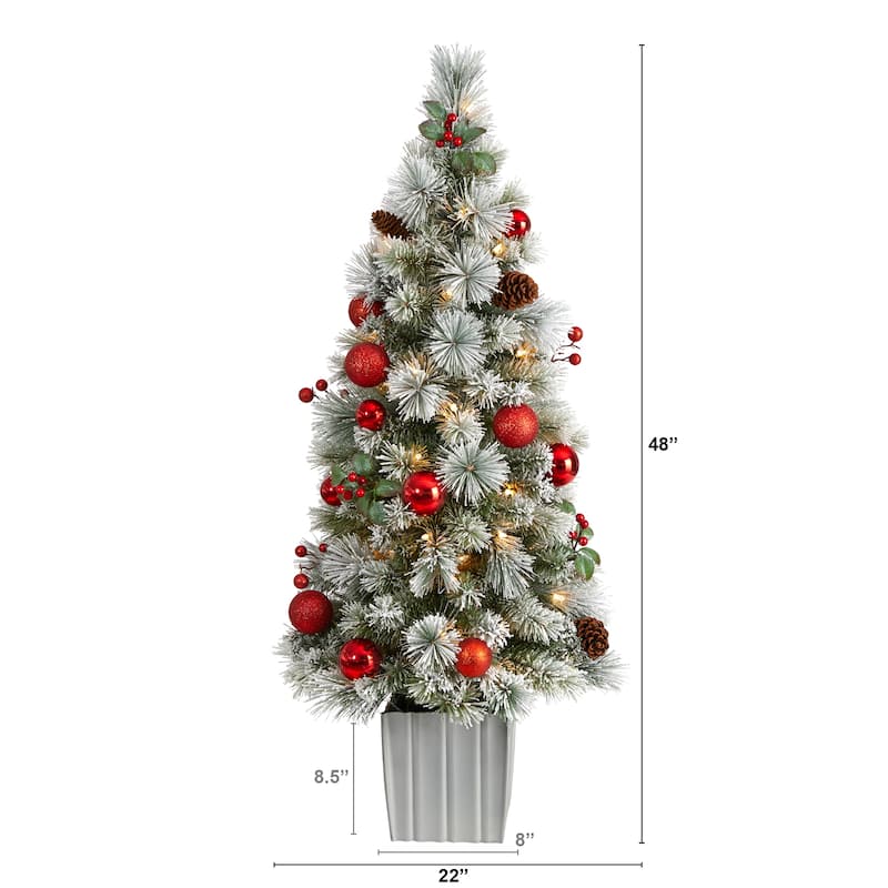 4' Pre-Lit Flocked Mini Artificial Christmas Potted Tree, Clear LED Lights - 4 Foot