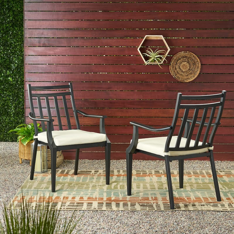 Roomfitters Metal Outdoor Dining Chairs Set of 2, Armrest Patio Seating with White Cushions, Weather-Resistant, Black