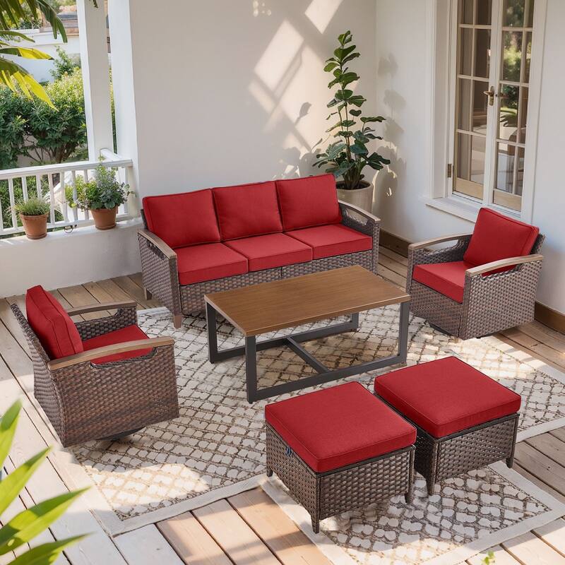 Pocassy Outdoor Patio Sofa Chair Ottoman Table Furniture Set - Red Cushion - Sofa with Swivel Chair Table Ottoman Set