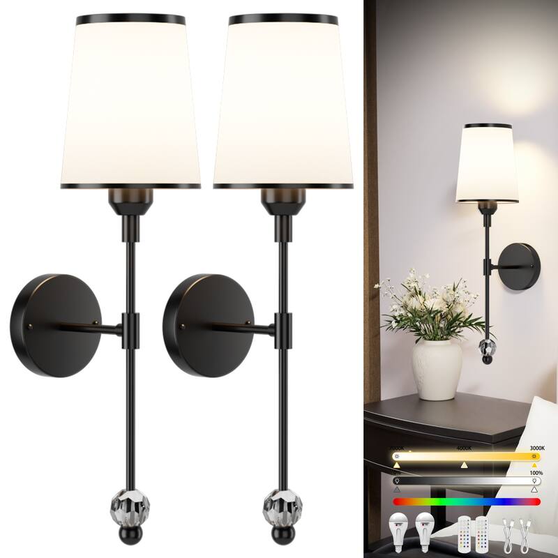 2-Pack Battery Operated Wall Sconces Rechargeable with Remote Control Dimmable 15-Color Light - N/A - Black