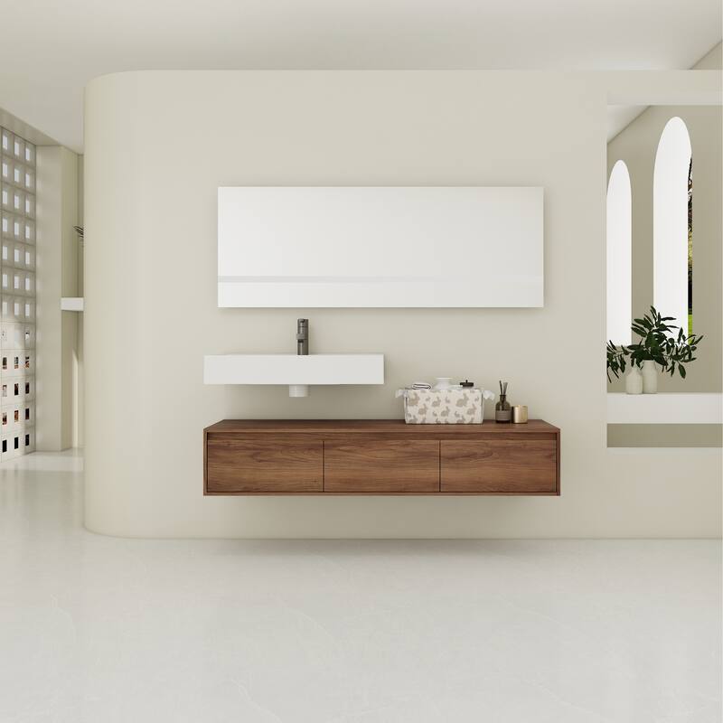 GDFStudio - Amelia 60" Wall-Mounted Bathroom Vanity with Resin Sink and Soft-Close Drawers, Brown Ebony Finish - 60 inch Wall-Mounted  Vanity - Brown Ebony