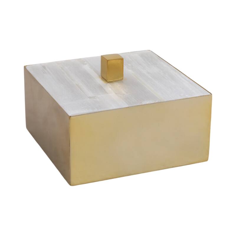 Stone Metal Decorative Box Square Selenite Stainless Steel Modern Glam - 6" x 6" x 4"