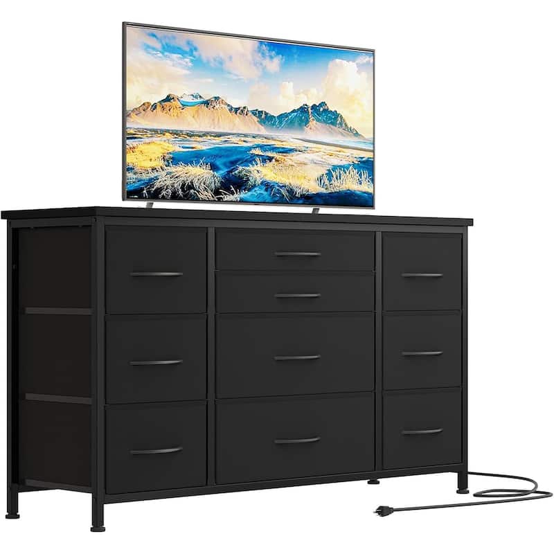 55 Inch Dresser TV Stand with Charging Station and Wood Tabletop - Black