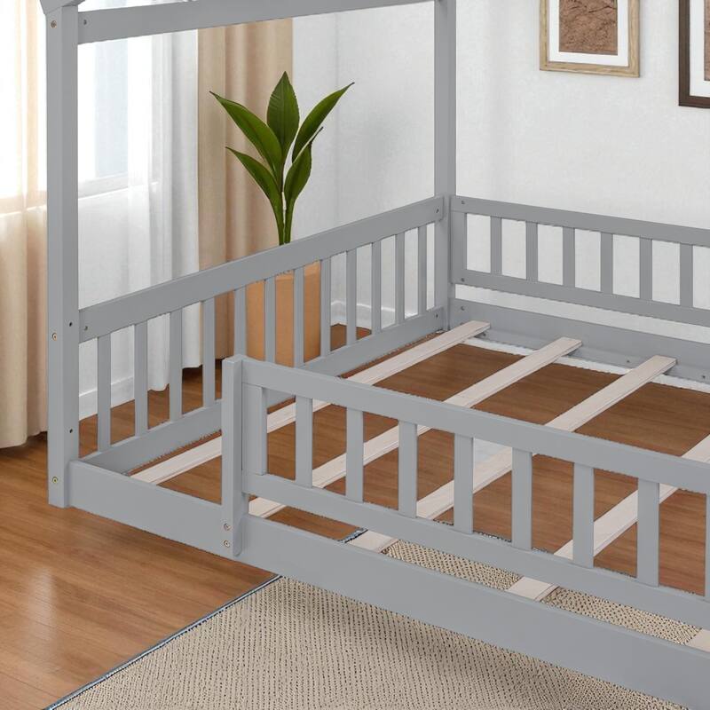 Twin/Full Size Wooden House Bed Frame with Fence and Roof, Playhouse Style for Kids and Teens