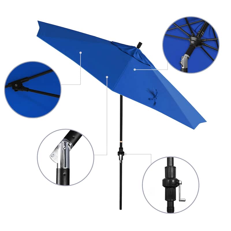 California Umbrella 9' Rd Patio Umbrella Black Aluminum Frame Fiberglass Ribs Crank Lift Collar Tilt, Olefin Royal Blue Fabric