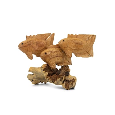 Wooden Hand Carved 3 Fish Swimming Statue Figurine Sculpture Art Home Decor Accent Handmade Gift Handcrafted Seaside Tropical