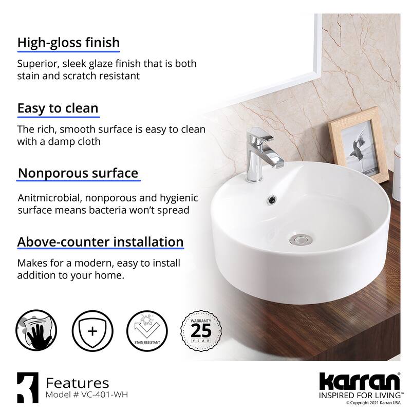 Karran Valera 18" Vitreous China Vessel Bathroom Sink in White with Overflow Drain