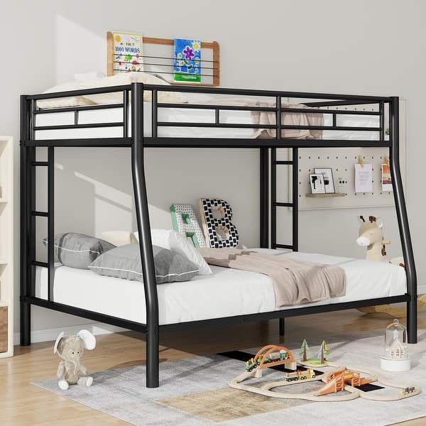 slide 2 of 30, Metal Bunk Bed with Ladder and Guardrails, Cozy Sleeping Space, Full XL over Queen Black