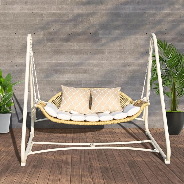 2 Person Outdoor Metal Patio Swing Hanging Swing Chair Rattan Hammock Chair with Thickened Cushions and Pillow