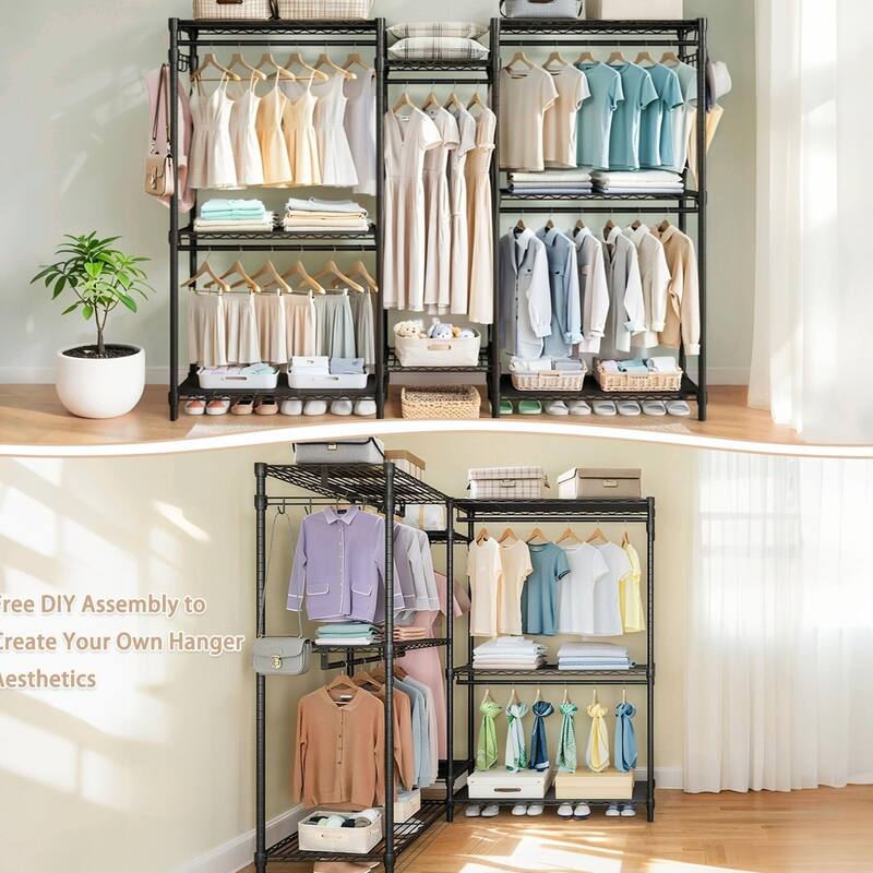 Heavy Duty Garment Rack with 8 Shelves & 5 Rails, Black