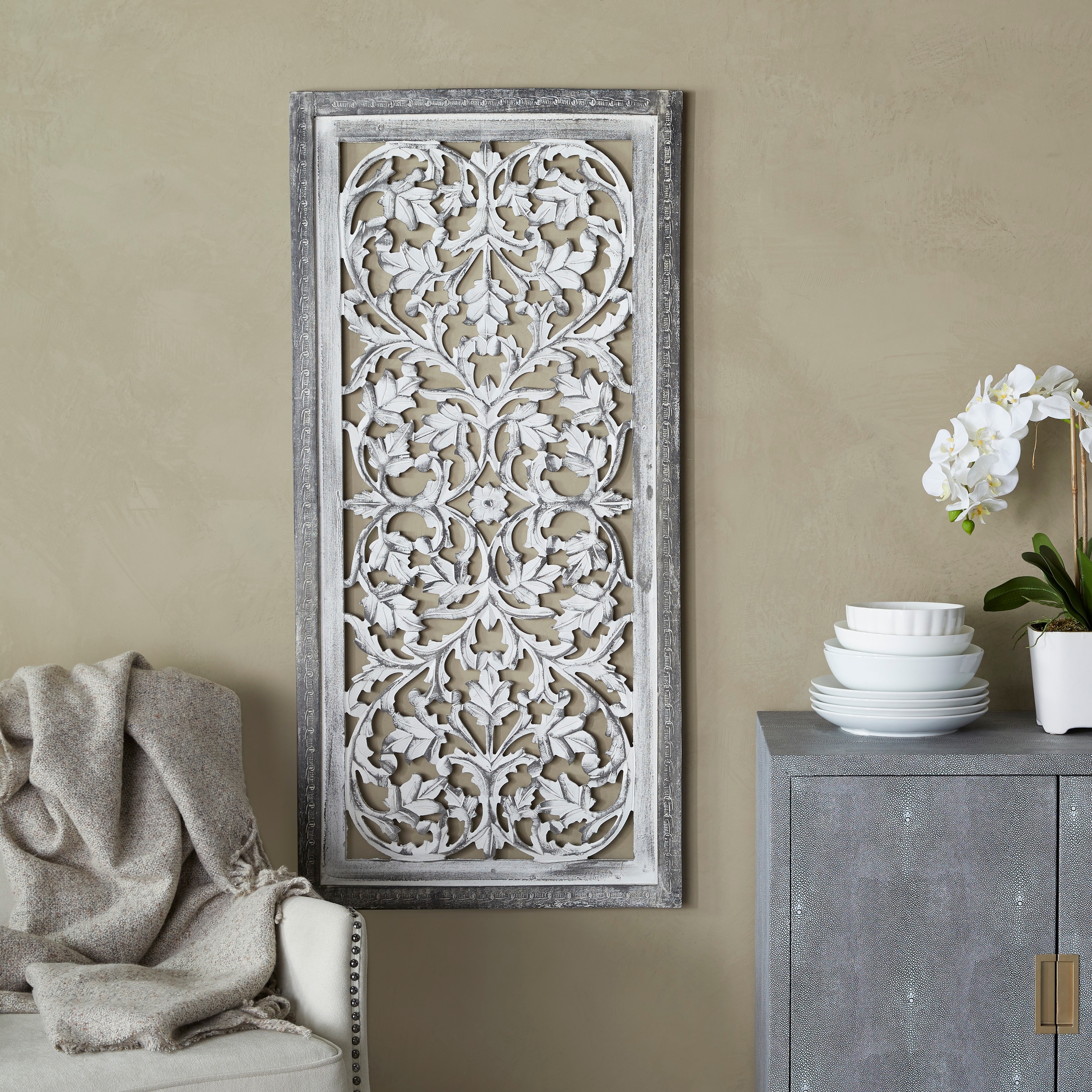 Gray Mango Wood Handmade Intricately Carved Arabesque Floral Wall Decor  On Sale Bed Bath  Beyond 21181227