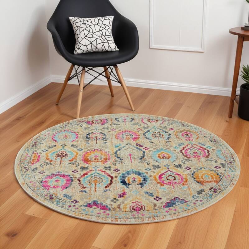 HomeRootsFloral Transitional Round Area Rug - 72' X '72' X '0.5 - 72' X '72' X '0.5 - Orange/Pink/Ivory