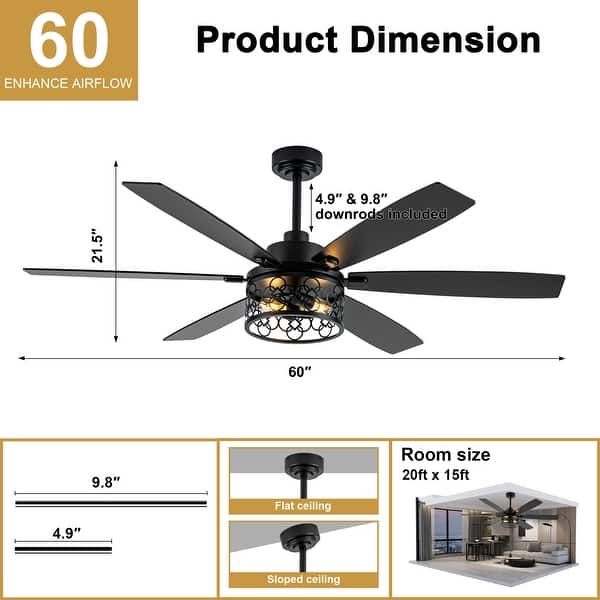 dimension image slide 1 of 2, Cusp Barn 52/60/72 Inch Farmhouse Caged Ceiling Fan with Lights and Remote, Industiral 6 Speeds Chandelier Ceiling Fan