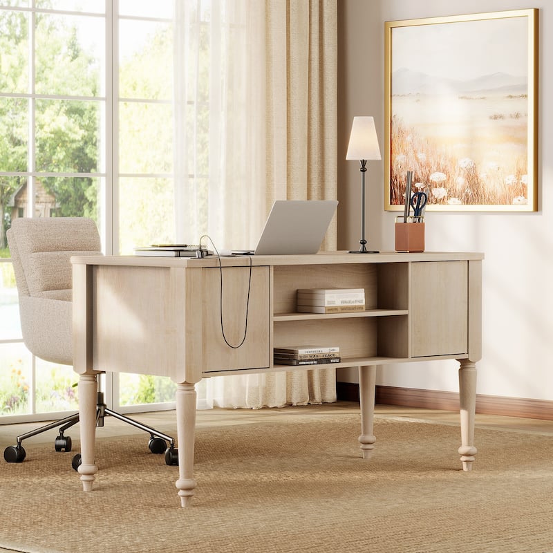 56'' Farmhouse Executive Desk with Drawers White/Oak - 5 Drawers and 2 Doors