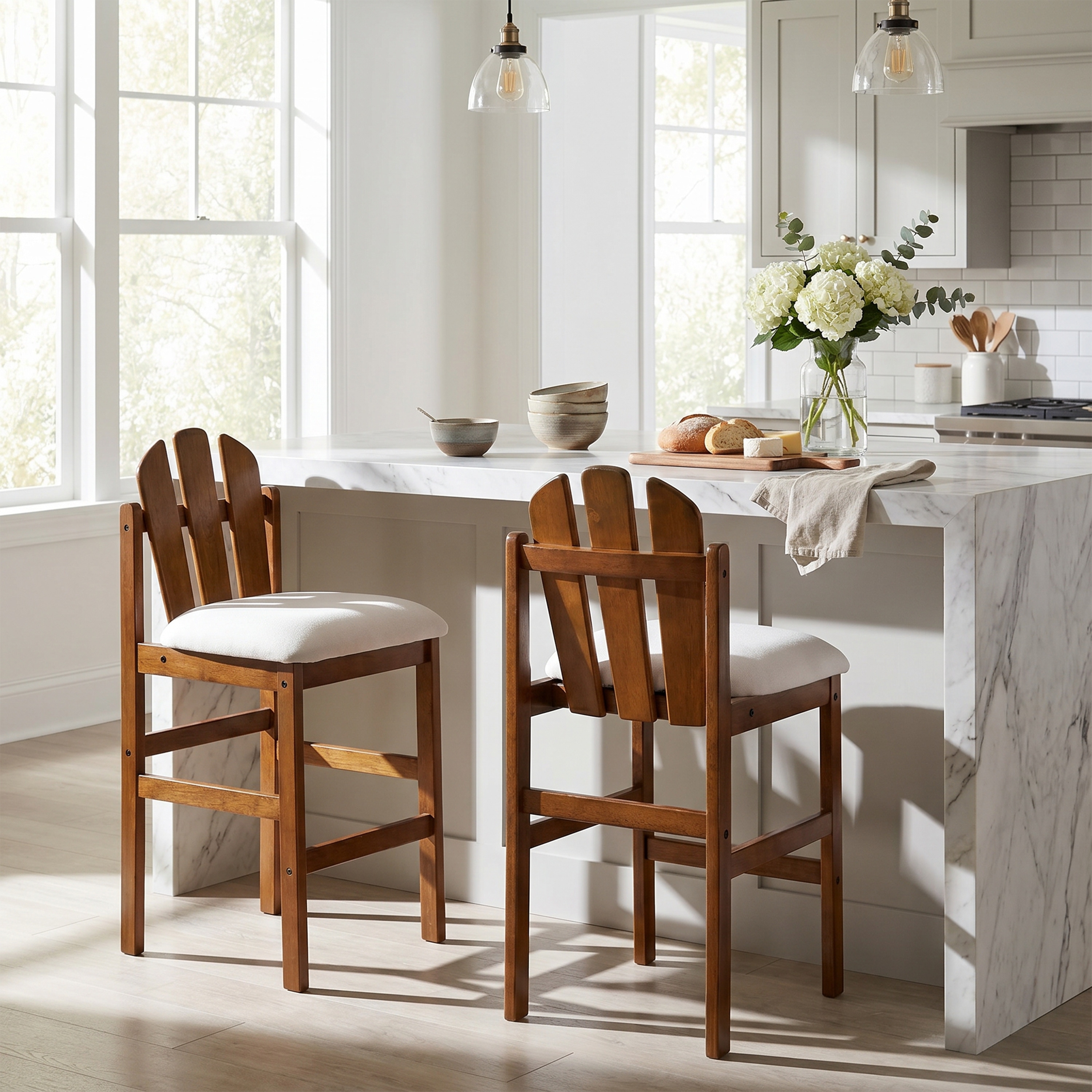Christopher Knight Home - Liora Set of 2 Mid-Century Counter Stool, Upholstered Seat, Wood Frame and Slatted Back