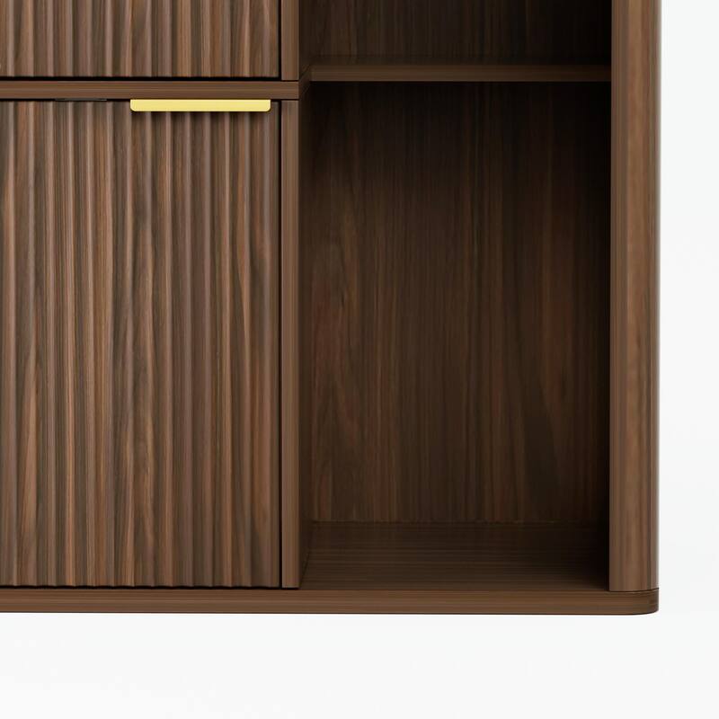 31.5" Walnut Cat Litter Cabinet with Cat Tree, Grooved Concealed Litter Furniture Featuring Dual Cat Doors and Storage Shelves