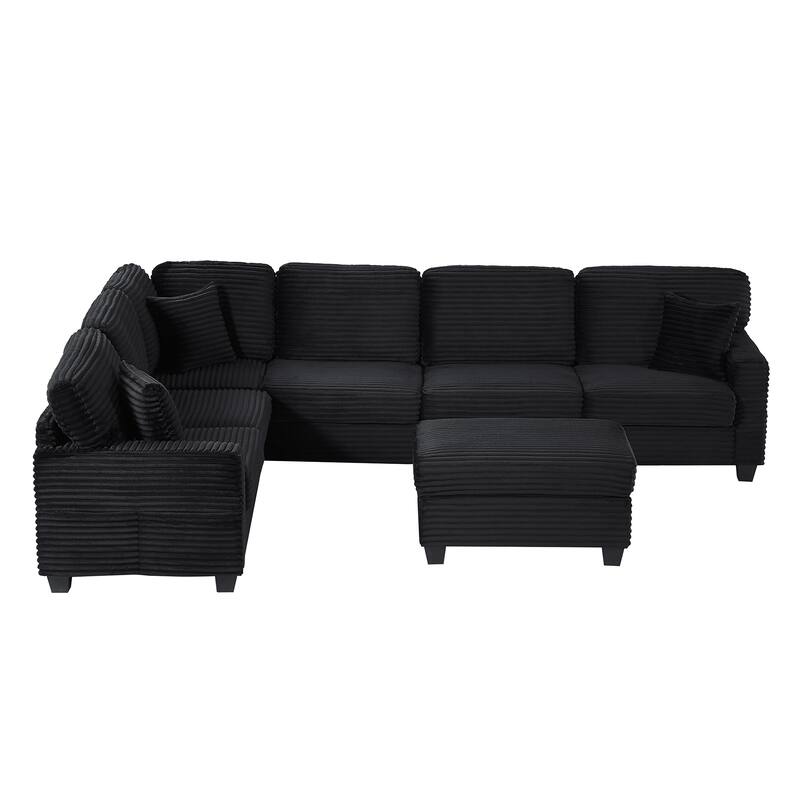 125.2" Corduroy U-Shaped Sectional Sofa with Movable Ottoman and Side Storage Pockets