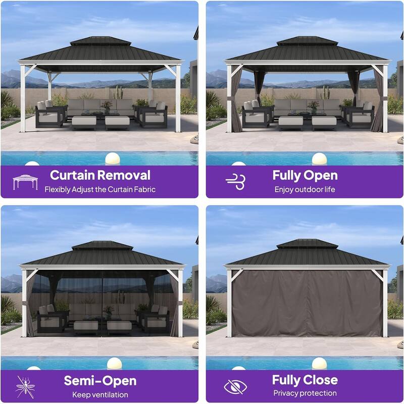 PURPLE LEAF Patio Hardtop Gazebo Pro for Outdoor Grey Galvanized Steel Double Roof White Aluminum Poles