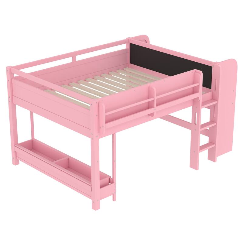 Full Loft Bed with Multi-storage Bookcases, Boxes and Drawers, Solid Wood Low Loft Beds with Desk and Blackboard, Pink