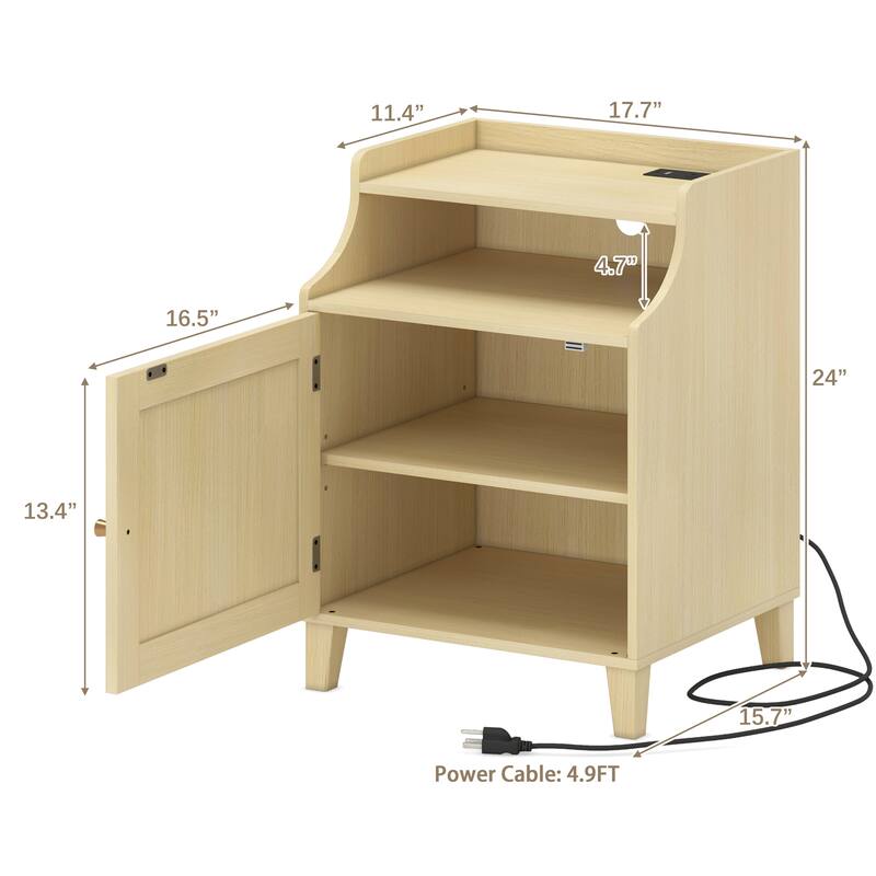Farmhouse Nightstand with Charging Station & Rattan Door