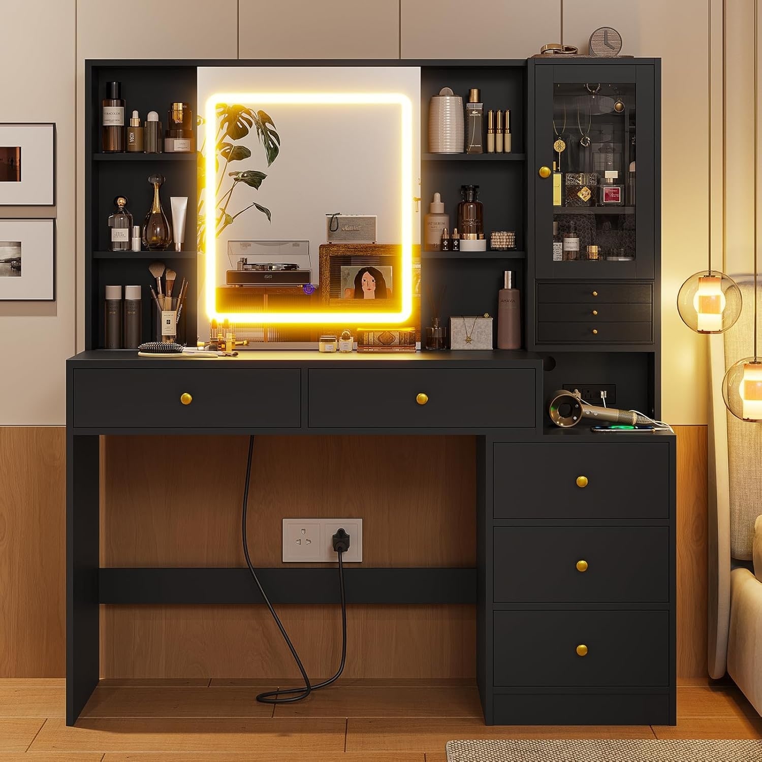 Vanity Desk with Sliding Mirror, LED Lights, Charging Station, and Ample Storage