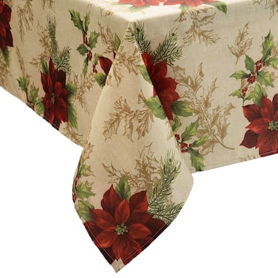 Festive Poinsettia Holiday Fabric Tablecloth