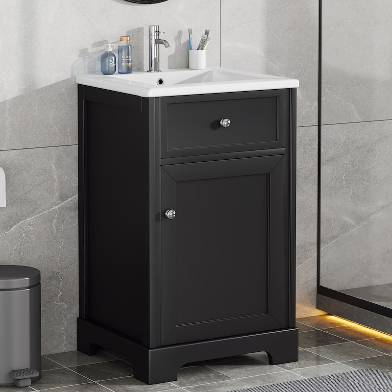 Bathroom Vanity with Ceramic Top Sink, Bathroom Cabinet with Two-Tier Storage, Single Basin Vanity Set with Adjustable Shelves