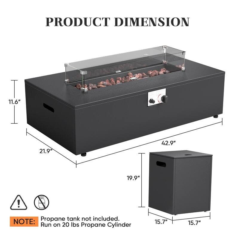 Meyreso Black Metal 43 in. Rectangular Outdoor Fire Pit Table 2-Piece Set with Side Table