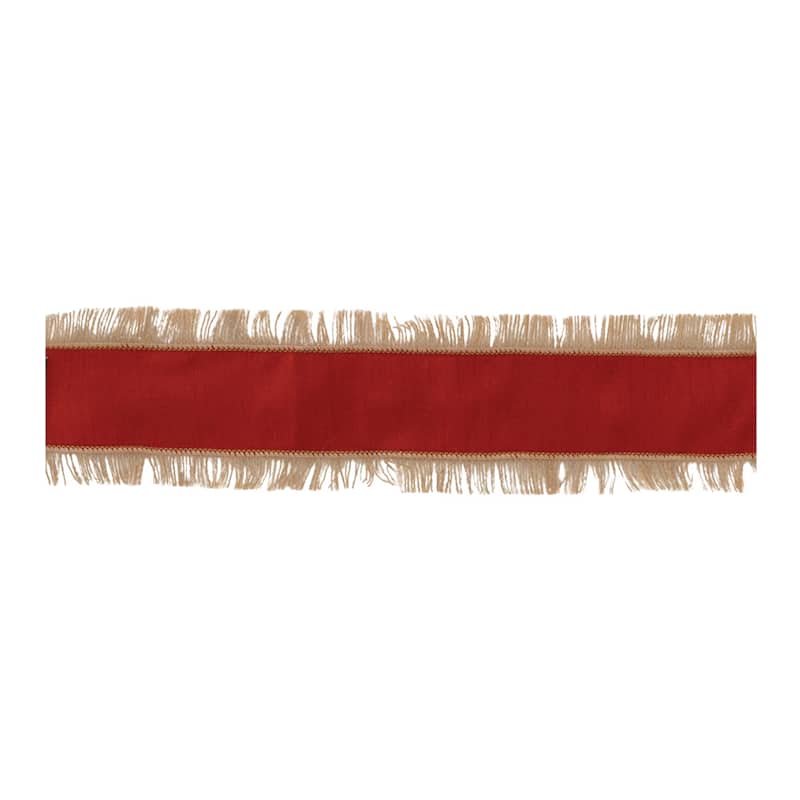 Set of 2 Wired Holiday Ribbons 180" Long Jute and Cotton Ribbon with Fringe for Gift Wrapping or Decor - 180”L x 4”W x 0.25”H - Red