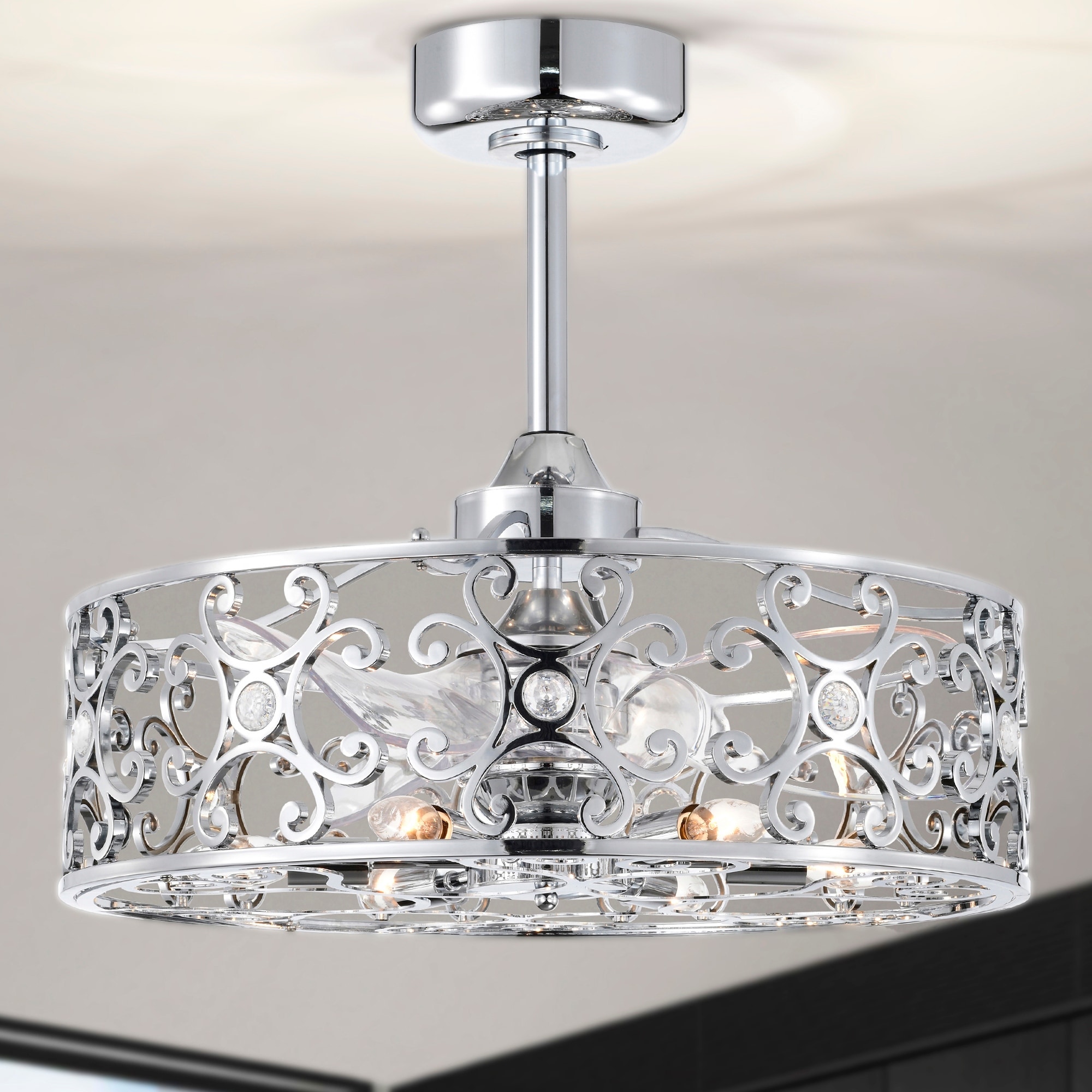 Warehouse of Tiffany Zuzen 23 Inch Chrome Polish Crystal Fandelier with Remote