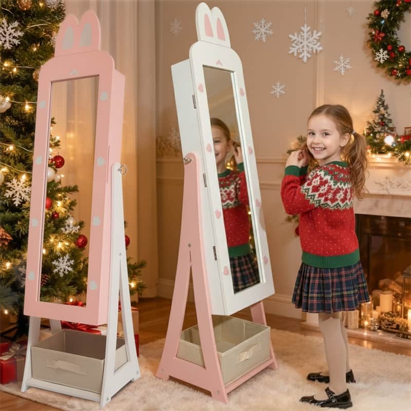 Kids MDF Bunny Jewelry Cabinet In Pink Jewelry Armoire With Mirror, 1 Door And 1 Fabric Drawer