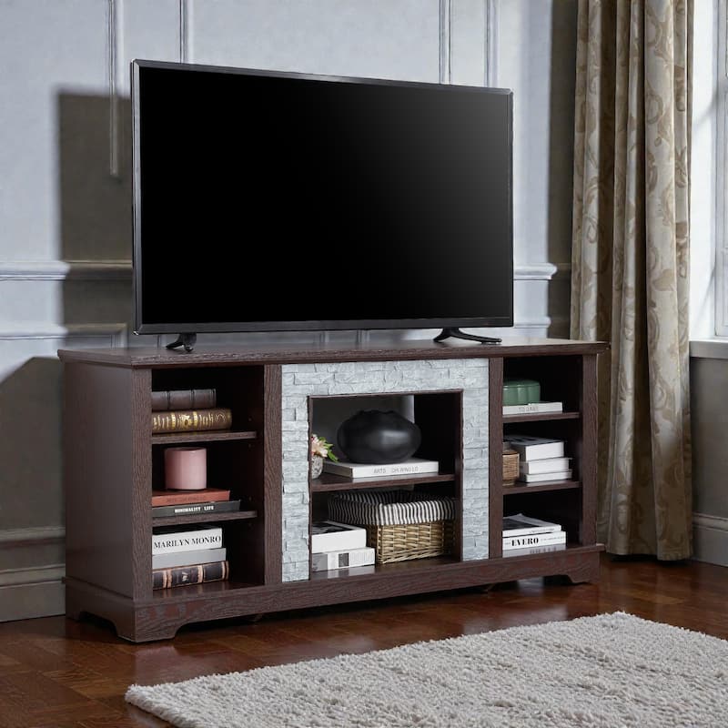 58 Inch Mantel Stone TV Stand for TVs up to 65 Inch, Media Console with Faux Stacked Stone Surround and Open Storage
