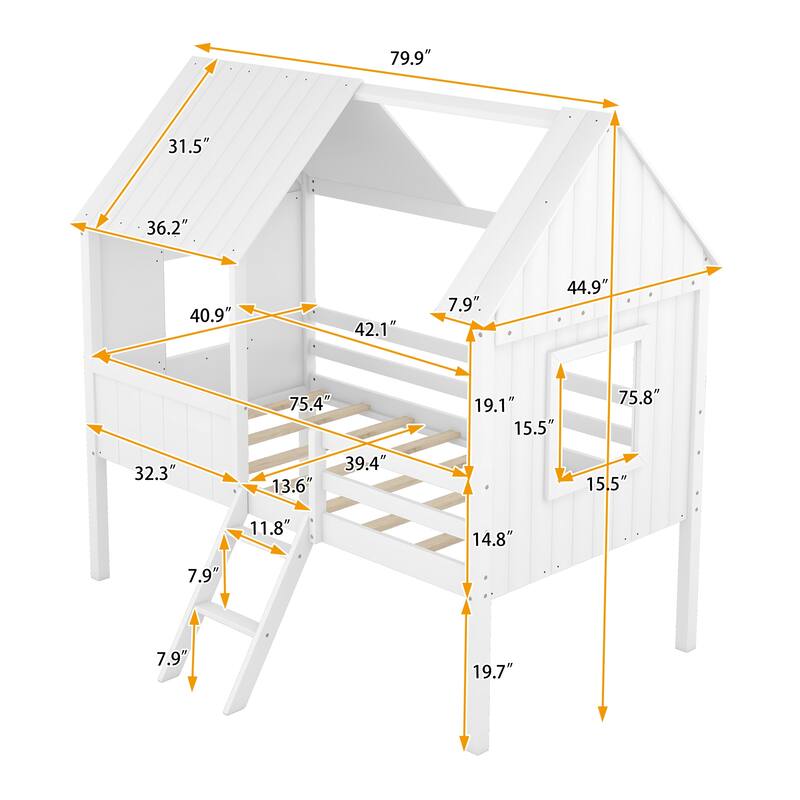 Kids Twin Size Low Loft House Bed with Windows and Roof, Durable Pine Wood Frame, Semi-Enclosed Design for Better Sleep