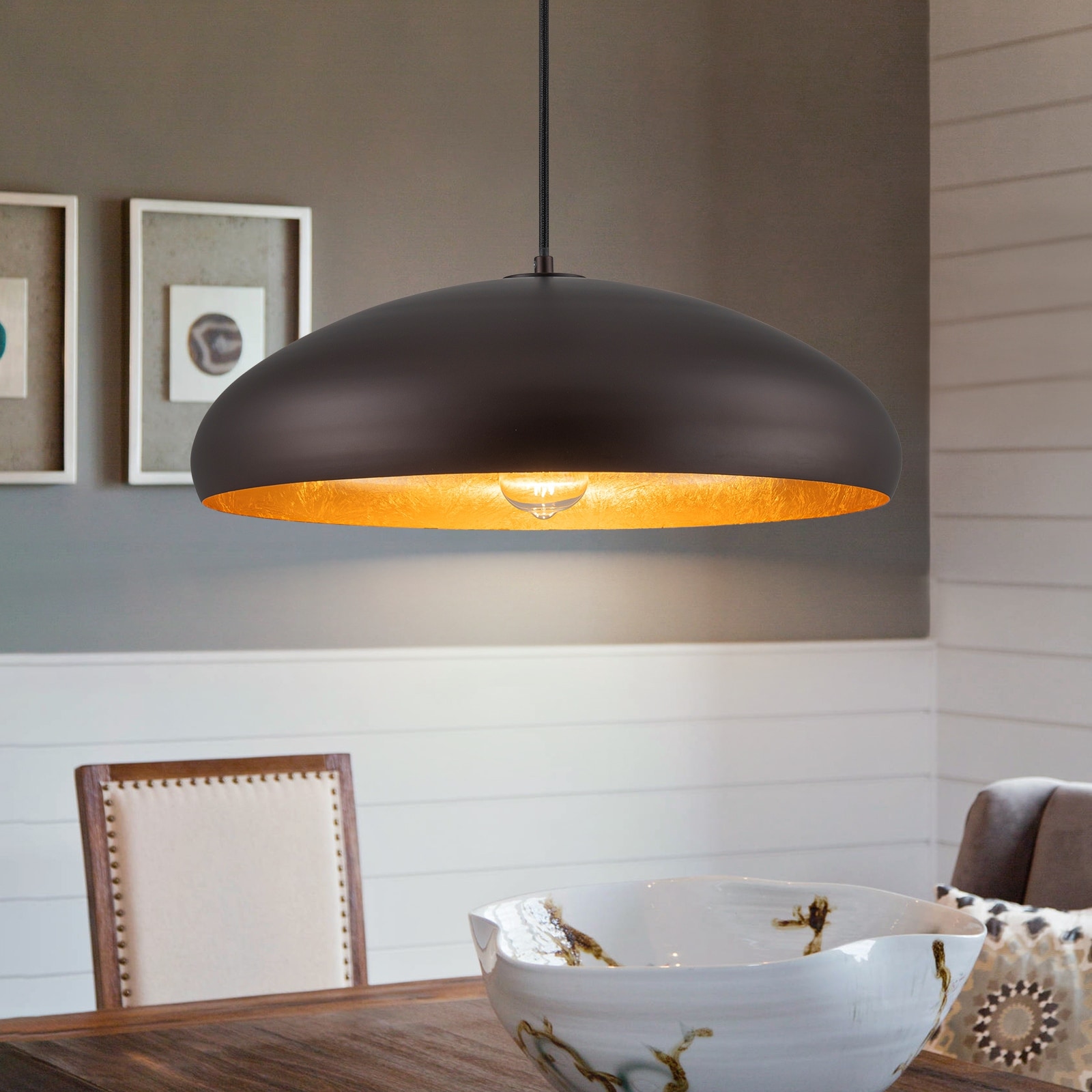 Modern Farmhouse Black Bowl Oversized Dome Pendant Light - W19.69"