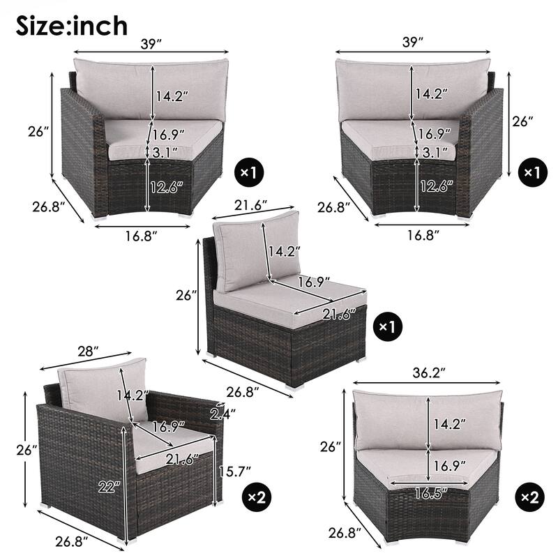 9-Pieces Outdoor Half-moon Patio Sofa Set