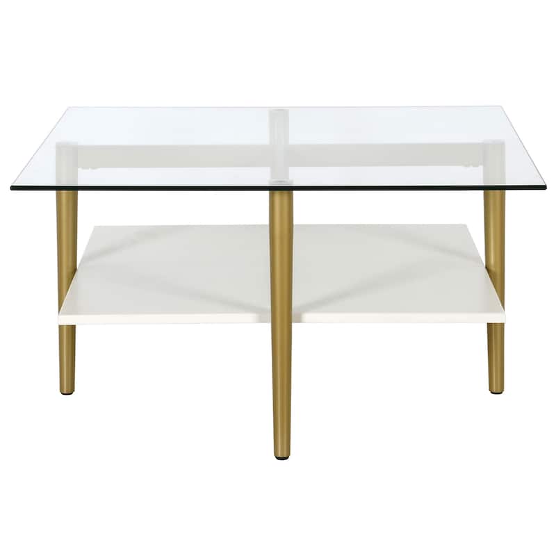 32" Square Modern Coffee Table with Glass Top and Metal Legs Lower Shelf Storage for Living Room - 32"L x 32"W x 17"H