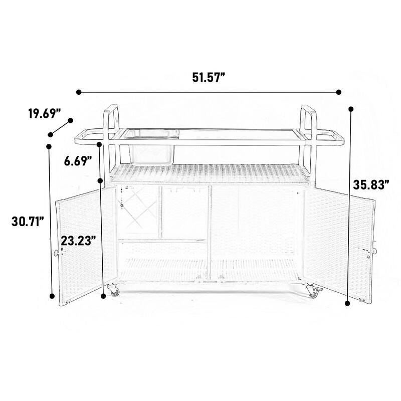 Outdoor Bar Table Wicker Bar Cart with Cabinet Black