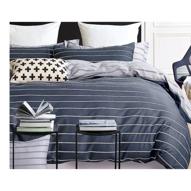 Navy Blue Striped 100% Cotton Reversible Comforter Set