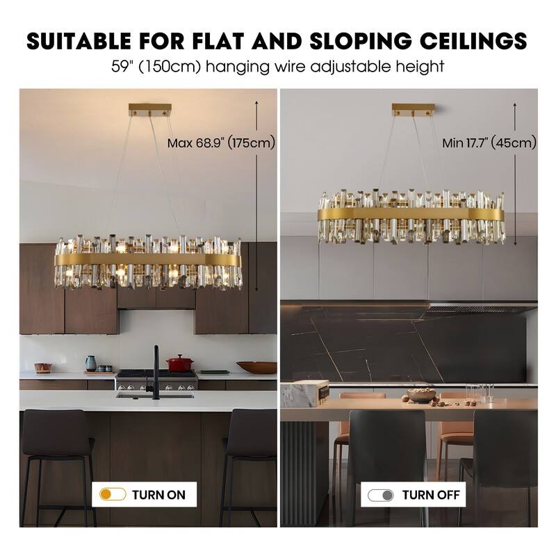35.4'' Modern Crystal Chandelier 16-Light Rectangle Gold Brass Chandelier Luxury 2-Tier Crystal Pendant Light for Kitchen Island