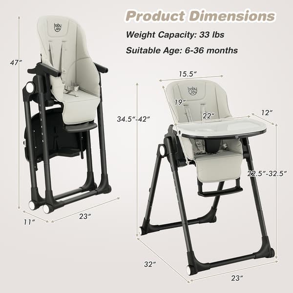 dimension image slide 3 of 4, Babyjoy 4-in-1 Foldable Baby High Chair Height Adjustable Feeding - 32'' x 23'' x 42''