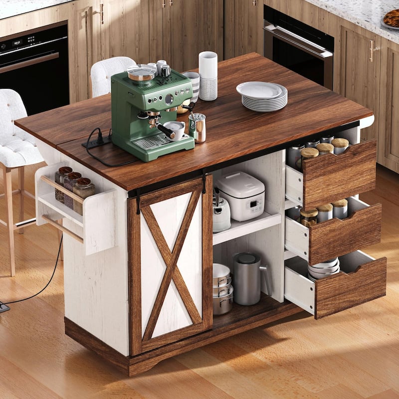 55.5" Farmhouse Kitchen Island with Drop Leaf, Barn Door Storage, Power Outlet - White+Brown
