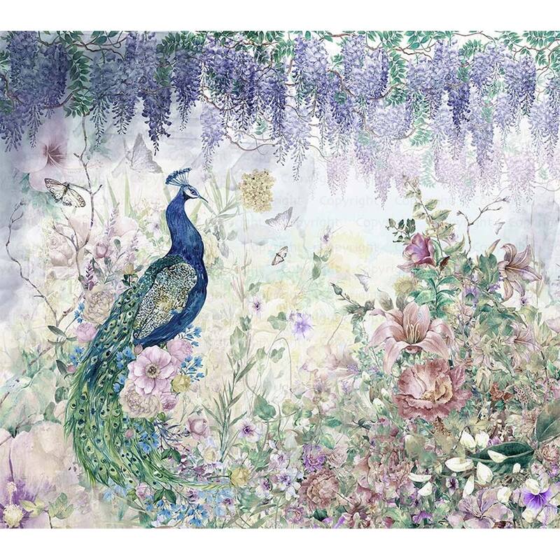 Peacock Wallpaper Mural with Floral and Wisteria Accents