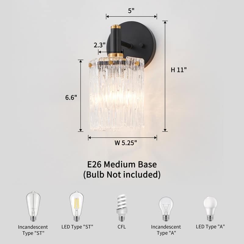 KAWOTI 1- Light Wall Sconce with Textured Glasses (Black & Gold) - W5.25"x H11" x D7.25"