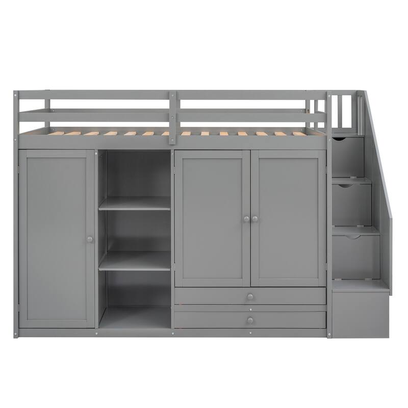 Space-Saving Loft Bed with Shelves, Wardrobes, Drawers, and Storage Ladder, Gray